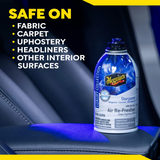 Meguiar's air freshener bottle on a car interior with text about safe surfaces.