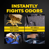 Product advertisement showing its effectiveness against various odors with images of food, pet, and smoke smells.