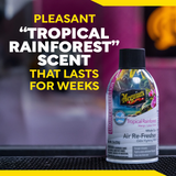 Meguiar's Tropical Rainforest air freshener bottle with text on a blurred background