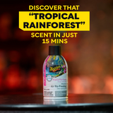 Meguiar's Tropical Rainforest air freshener bottle with promotional text on a blurred background