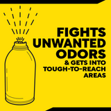 Yellow background with a bottle illustration and text about odor-fighting capabilities.