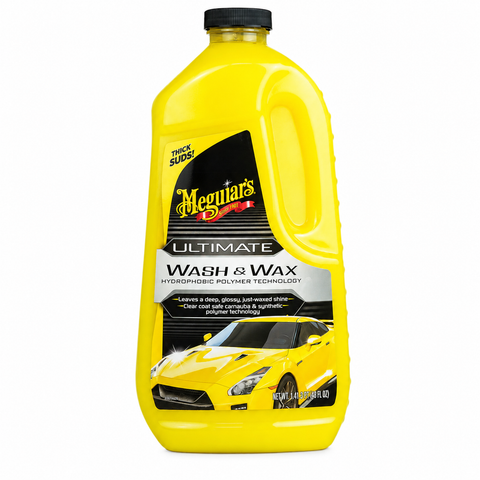 A bright yellow bottle of Megmar's Ultimate Wash & Wax hydrophobic polymer technology car care product with a black cap, shown on a plain white background.