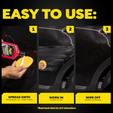 A three-step graphic showing how to use a car polish or wax applicator. Step 1 shows a hand applying cream from a red bottle onto a yellow sponge.