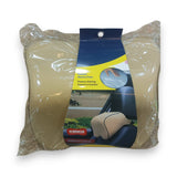 Beige car seat cushion with packaging on a white background