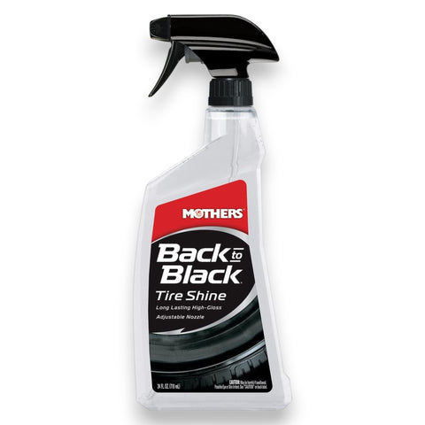 A bottle of Mothers Back to Black Tire Shine with a black trigger spray top and a clear plastic bottle, featuring a red, black, and white label.