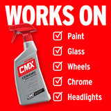 CMX ceramic spray coating bottle with features listed on a red background