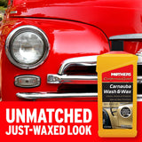 Red car with a bottle of Mothers Carnauba Wash & Wax in front