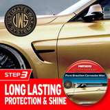 Gold car with Ultimate Wax System and Mothers California Gold Pure Brazilian Carnauba Wax products displayed.