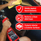Person cleaning a car interior with a yellow cloth and a red bottle of Wynn's Protectant, with text highlighting product benefits.