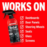 Red spray bottle labeled 'Total Interior Detailer' by Mothers with a list of surfaces it works on against a red background.