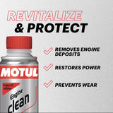 Motul engine cleaner can with text 'Revitalize & Protect' on a gray background
