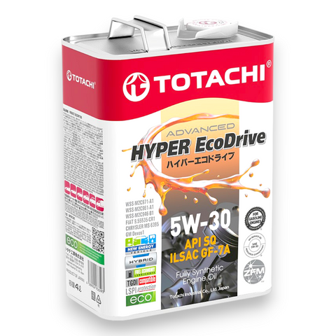 A can of Totachi Advanced Hyper EcoDrive 5W-30 API SQ ILSAC GF-04 fully synthetic engine oil, featuring a red and white label with a silver metal container.