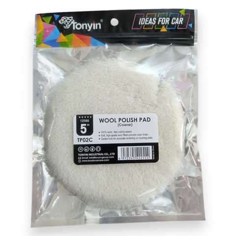 A round white wool car polish pad in clear plastic packaging with a black header card. The Tonyin brand logo is visible on the header, and a white product label with a barcode is attached to the front.