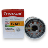 Totachi TC-1256 High Tech Oil Filter shown next to its original retail packaging box on a white background.