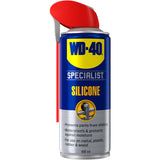 A can of WD-40 Silicone spray with a red cap, labeled for specialist use and silicone applications. It is depicted with a blue and yellow color scheme, and text that highlights its use for metal and non-metal surfaces, and its quick-drying properties.